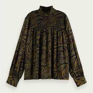Scotch & Soda smocked neck cotton blend blouse
